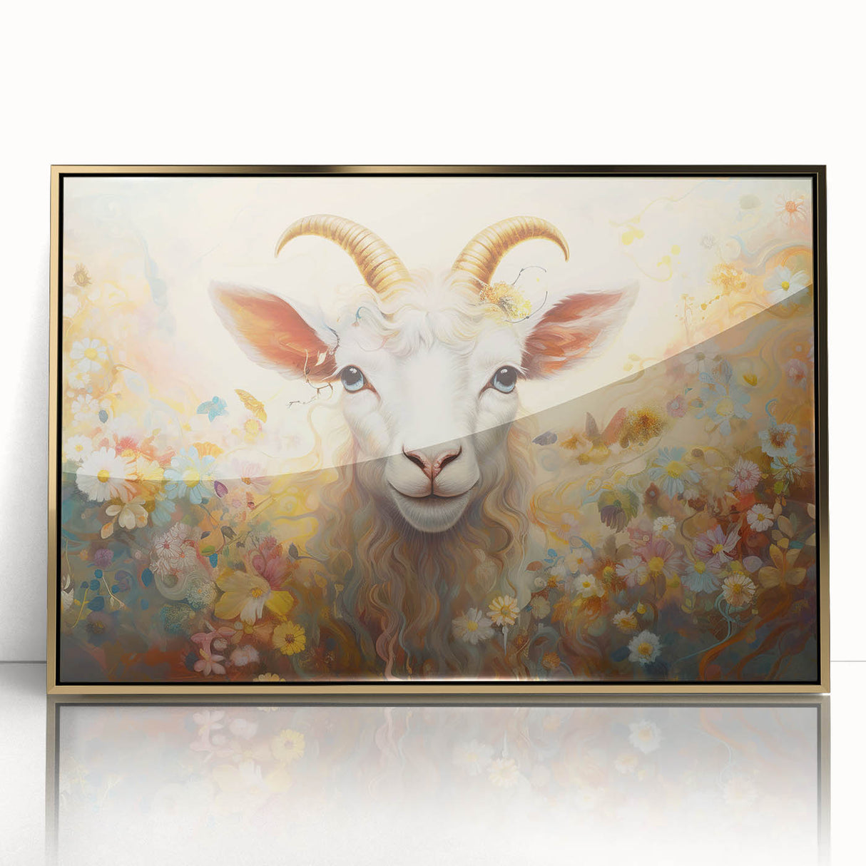 Framed wall art featuring a striking goat design from the "Animals A Wild Life" collection, showcasing vibrant colors and elegant gold accents, perfect for home decor.
