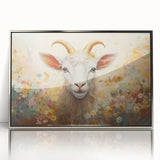 Framed wall art featuring a striking goat design from the "Animals: A Wild Life" collection, showcasing a sleek silver frame and vibrant colors, perfect for home decor enthusiasts.
