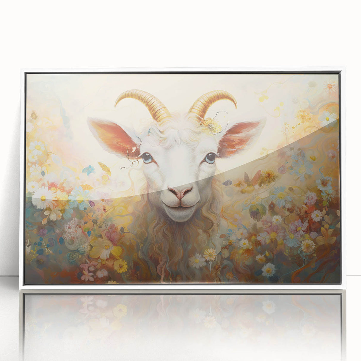 Framed wall art featuring a whimsical goat design from the 'A Wild Life' collection, showcasing vibrant colors and a sleek white frame, perfect for animal lovers' decor.