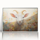 Framed wall art featuring a whimsical goat design from the 'A Wild Life' collection, showcasing vibrant colors and a sleek white frame, perfect for animal lovers' decor.