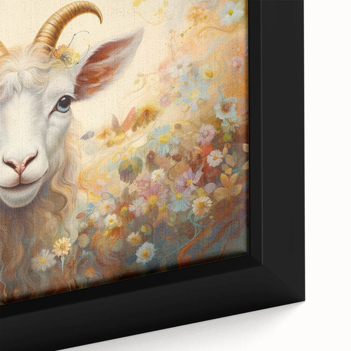 Close-up of a framed canvas wall art showcasing a beautifully detailed goat design, featuring earthy tones and intricate textures, perfect for animal lovers and home decor enthusiasts.