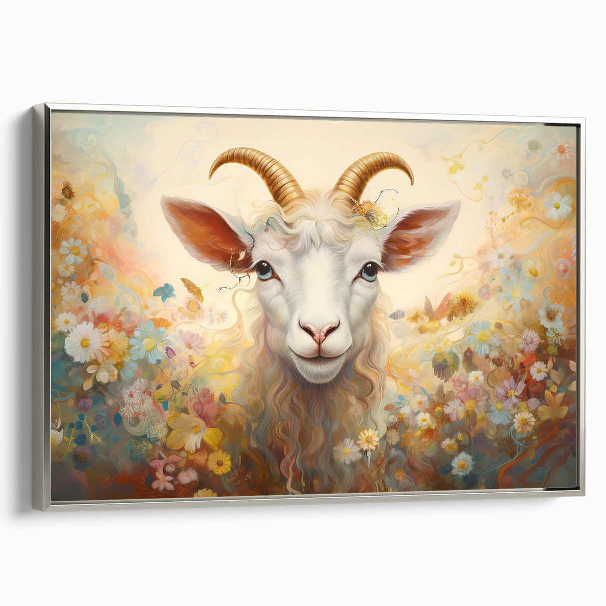 Framed wall art featuring a silver-accented design of a goat, showcasing intricate details and textures, perfect for animal lovers and modern decor.