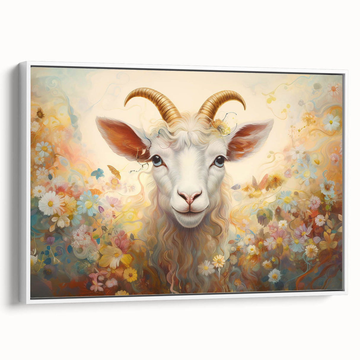 Framed wall art featuring a white goat design from the "A Wild Life" collection, showcasing intricate details and vibrant colors, ideal for animal lovers' decor.