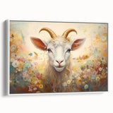 Framed wall art featuring a white goat design from the "A Wild Life" collection, showcasing intricate details and vibrant colors, ideal for animal lovers' decor.