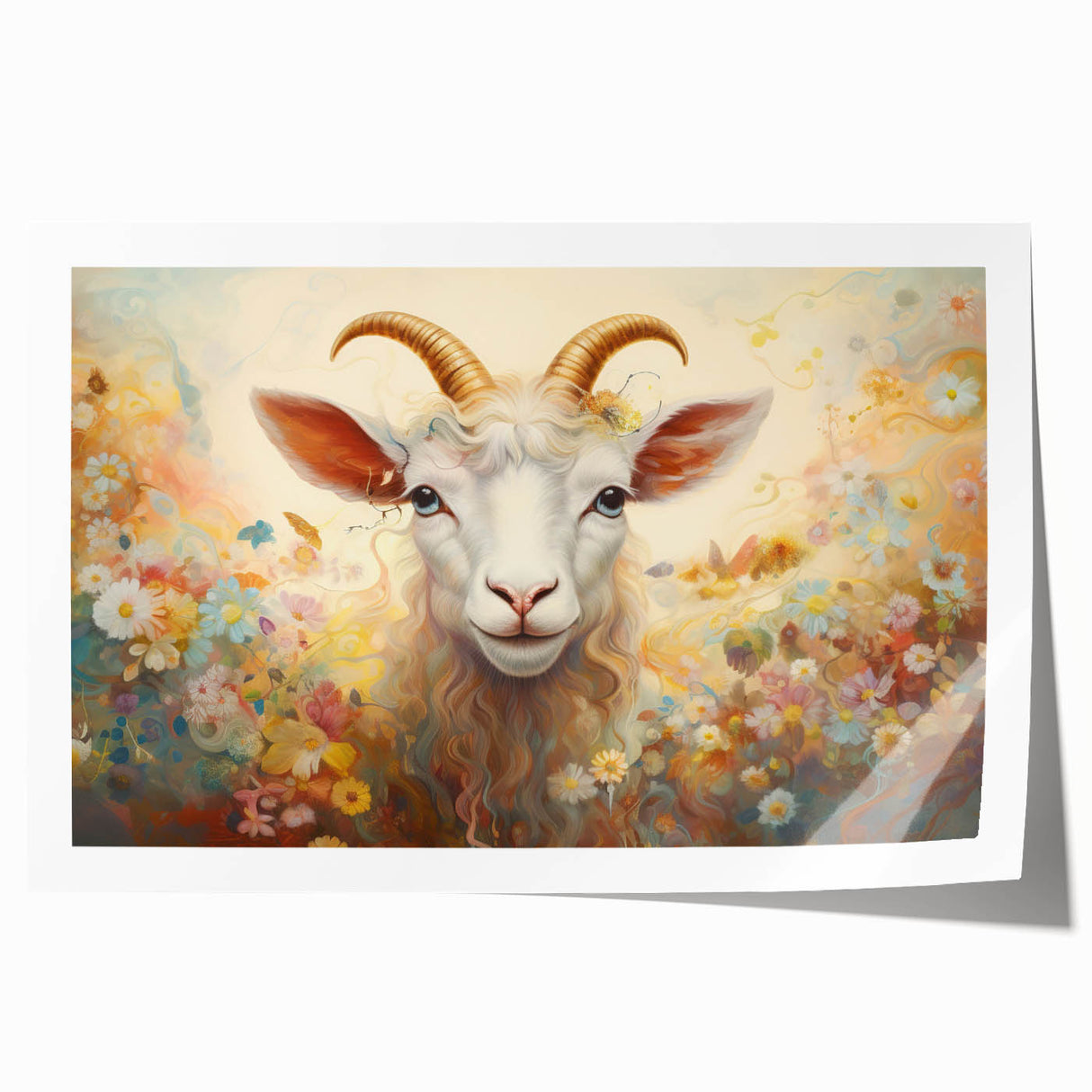 Colorful goat design wall art print showcasing vibrant colors and intricate patterns, rolled and ready for display, ideal for animal lovers and home decor enthusiasts.