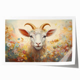 Colorful goat design wall art print showcasing vibrant colors and intricate patterns, rolled and ready for display, ideal for animal lovers and home decor enthusiasts.