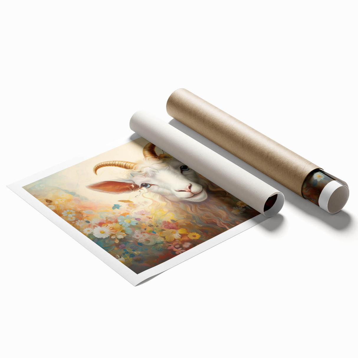 Vibrant rolled wall art print showcasing a goat design, featuring colorful, intricate patterns inspired by wildlife, packaged securely in a protective cardboard tube.