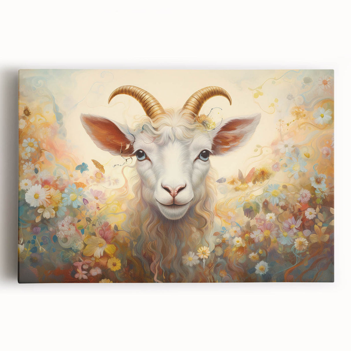Vibrant stretched canvas wall art depicting a whimsical goat design, showcasing intricate details and bold colors, perfect for animal lovers and home decor enthusiasts.