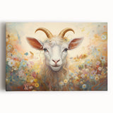 Vibrant stretched canvas wall art depicting a whimsical goat design, showcasing intricate details and bold colors, perfect for animal lovers and home decor enthusiasts.
