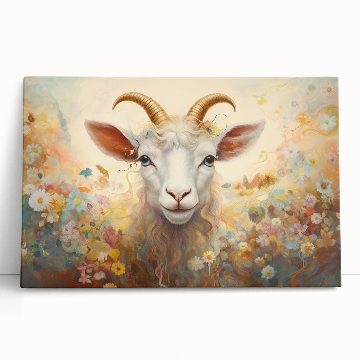 Stretched canvas wall art showcasing a vibrant goat design, featuring bold colors and intricate details, perfect for enhancing home decor with a wild, artistic touch.