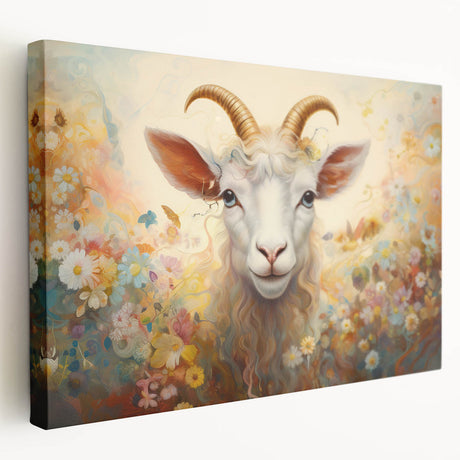 Side view of a stretched canvas wall art featuring a striking goat design from the "A Wild Life" collection, showcasing intricate details and vibrant colors, perfect for enhancing home decor.