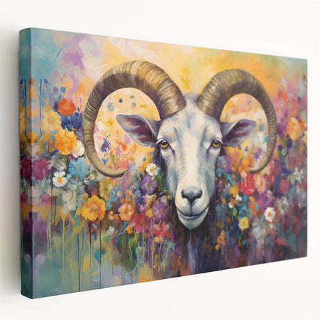 Colorful stretched canvas wall art showcasing a side view of a goat in a wild landscape, ideal for nature-themed decor, enhancing home or office aesthetics.