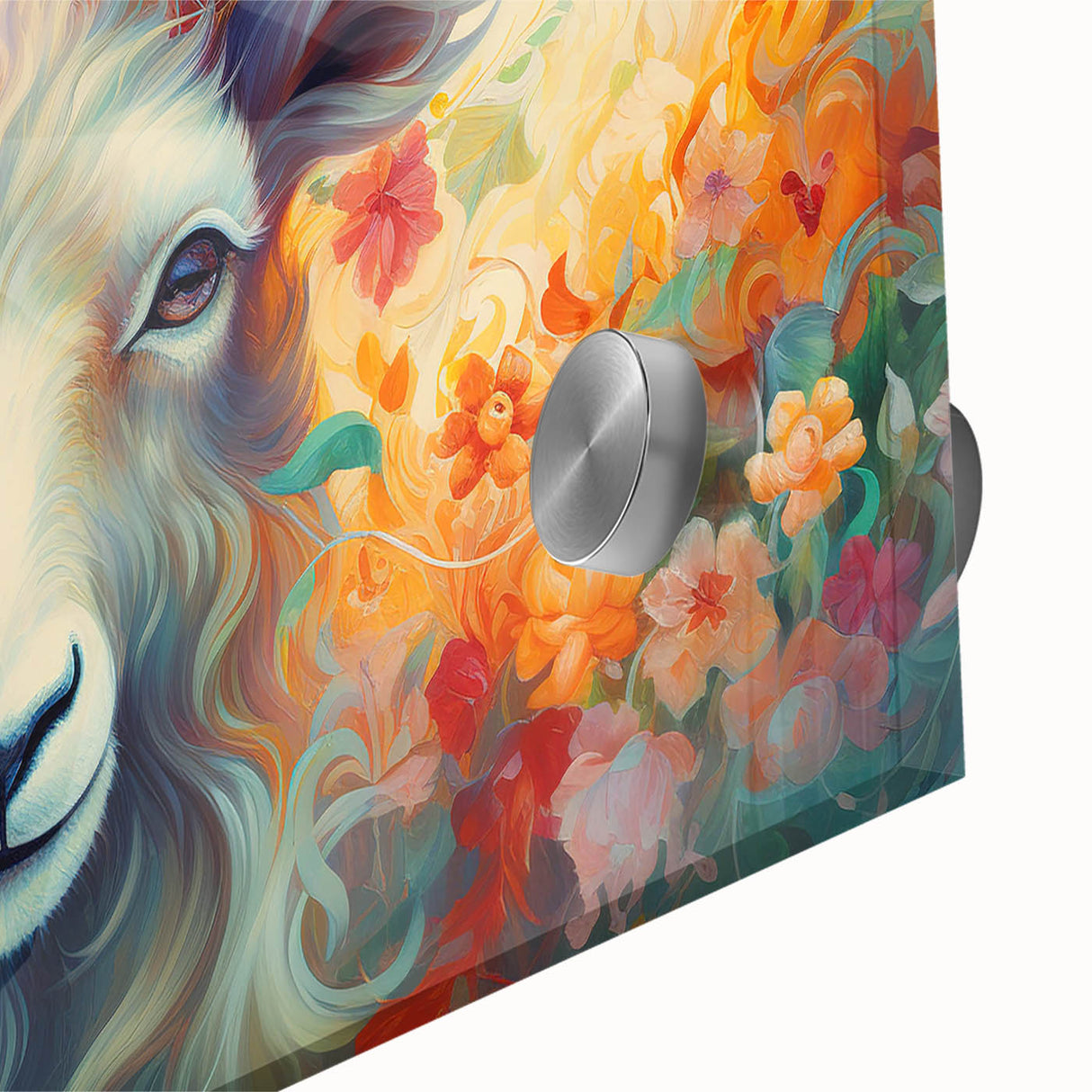 Close-up of a vibrant acrylic glass wall art piece featuring a detailed goat design, showcasing rich colors and intricate textures, perfect for wildlife enthusiasts.