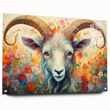 Acrylic glass wall art featuring a vibrant goat design from the 'Animals - A Wild Life' collection, displayed in profile with decorative pins, perfect for animal lovers.