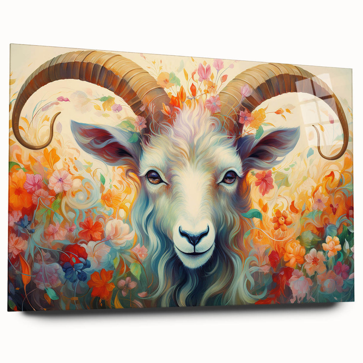 Acrylic glass wall art featuring a side view of a goat design from the "Animals - A Wild Life" collection, showcasing vibrant colors and intricate details, ideal for nature lovers.