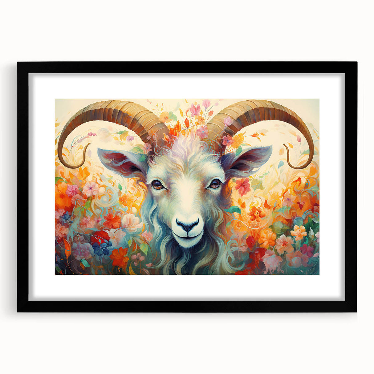 Black-framed wall art showcasing a goat design from the "Animals: A Wild Life" collection, featuring intricate details and a modern aesthetic, perfect for animal lovers.