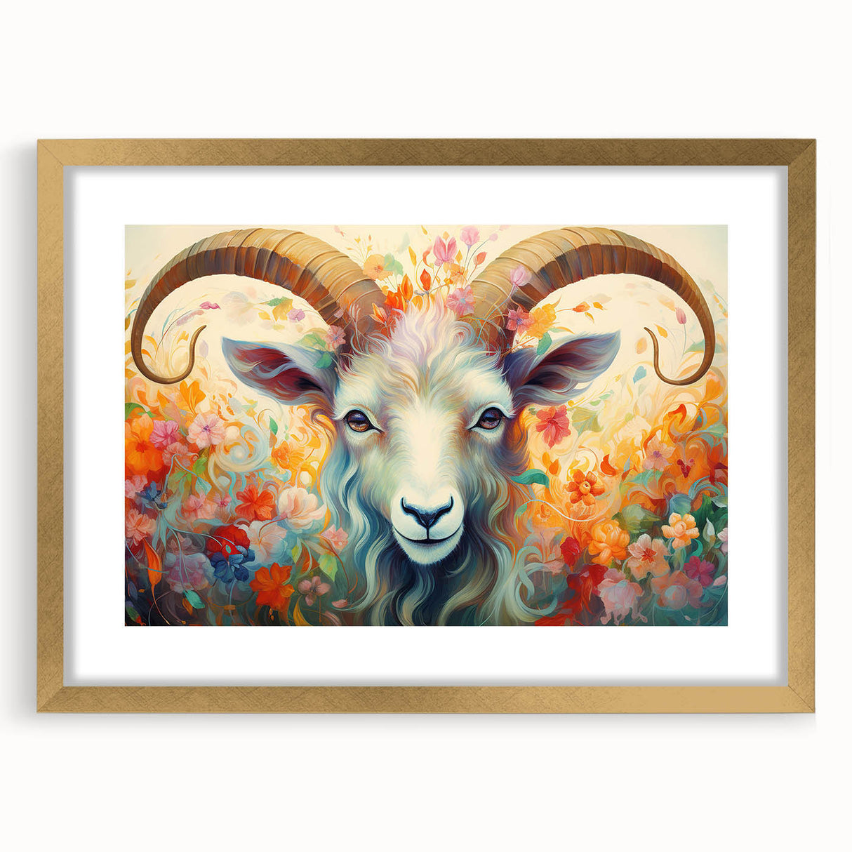 Elegant gold-framed wall art featuring a stylized goat design, part of a wildlife collection. The artwork is matted, enhancing its visual appeal for home decor.