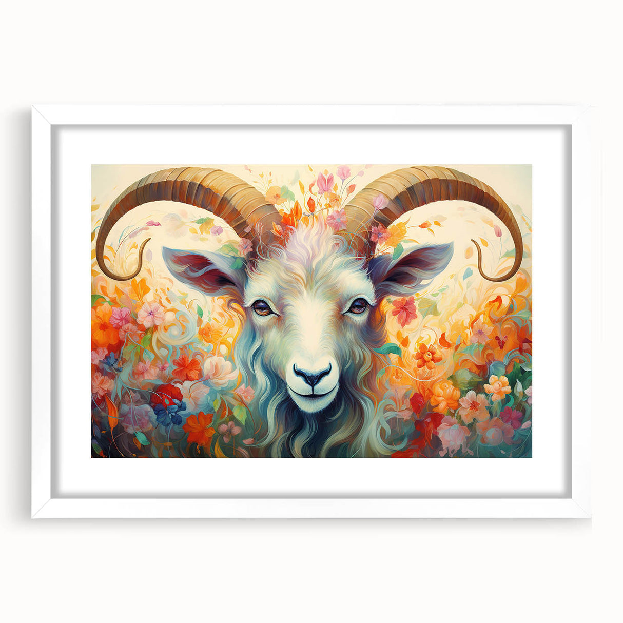 Framed wall art featuring a striking goat design, perfect for wildlife enthusiasts. The piece showcases a white mat and sleek frame, ideal for home decor.