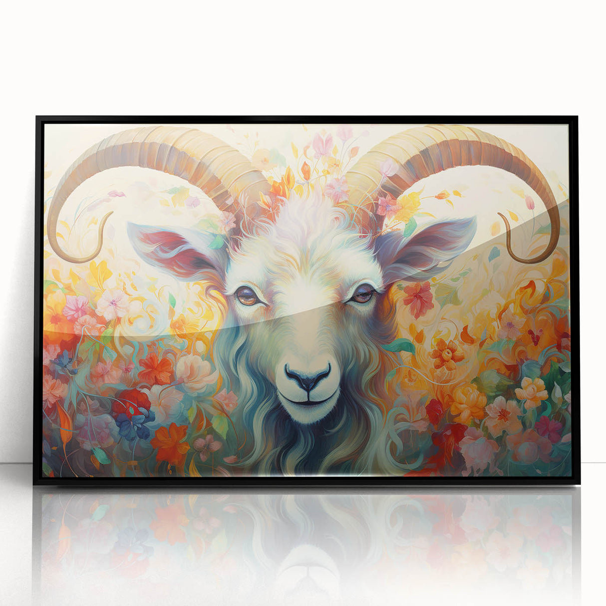 Framed wall art featuring a striking black acrylic design of a goat, showcasing a modern aesthetic ideal for wildlife enthusiasts, enhancing home decor.