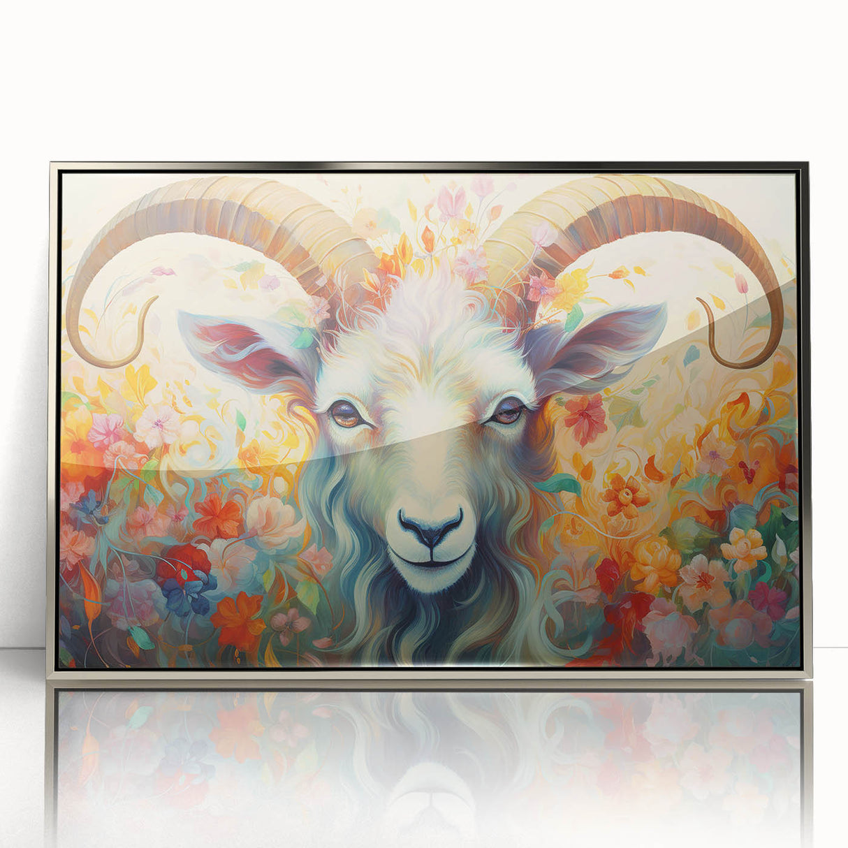 Framed acrylic wall art showcasing a striking goat design in a silver frame, perfect for enhancing any modern decor with its vibrant colors and artistic flair.