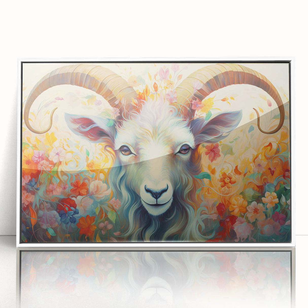 Framed acrylic wall art showcasing a stylized goat design in a white frame, perfect for animal lovers and modern home decor, enhancing any living space.