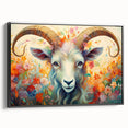Framed black wall art featuring a goat design from the 'Animals - A Wild Life' collection, showcasing intricate details and vibrant colors, perfect for animal lovers.
