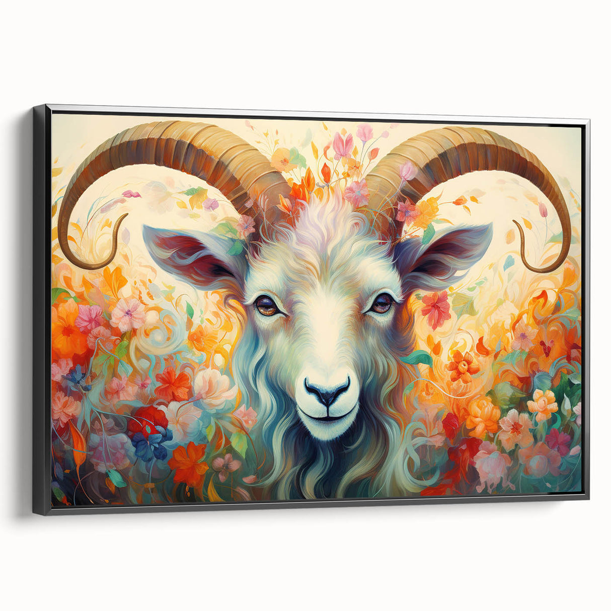 Framed black wall art featuring a goat design from the 'Animals - A Wild Life' collection, showcasing intricate details and vibrant colors, perfect for animal lovers.