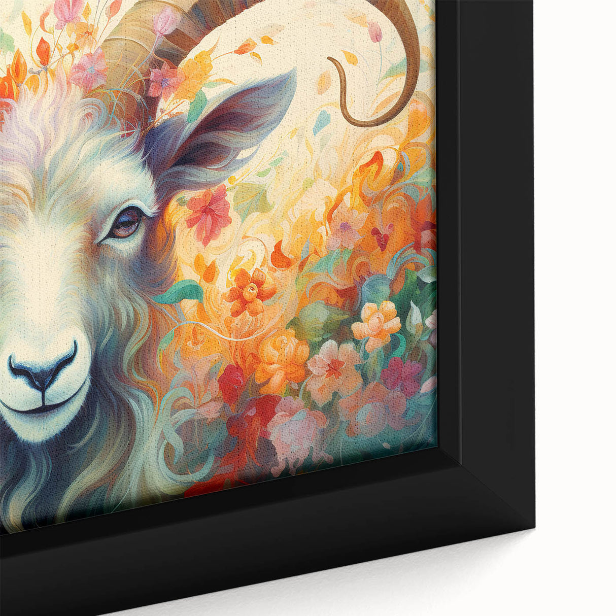 Close-up of a framed canvas wall art featuring a detailed goat design, showcasing vibrant colors and intricate textures, perfect for animal lovers and home decor enthusiasts.