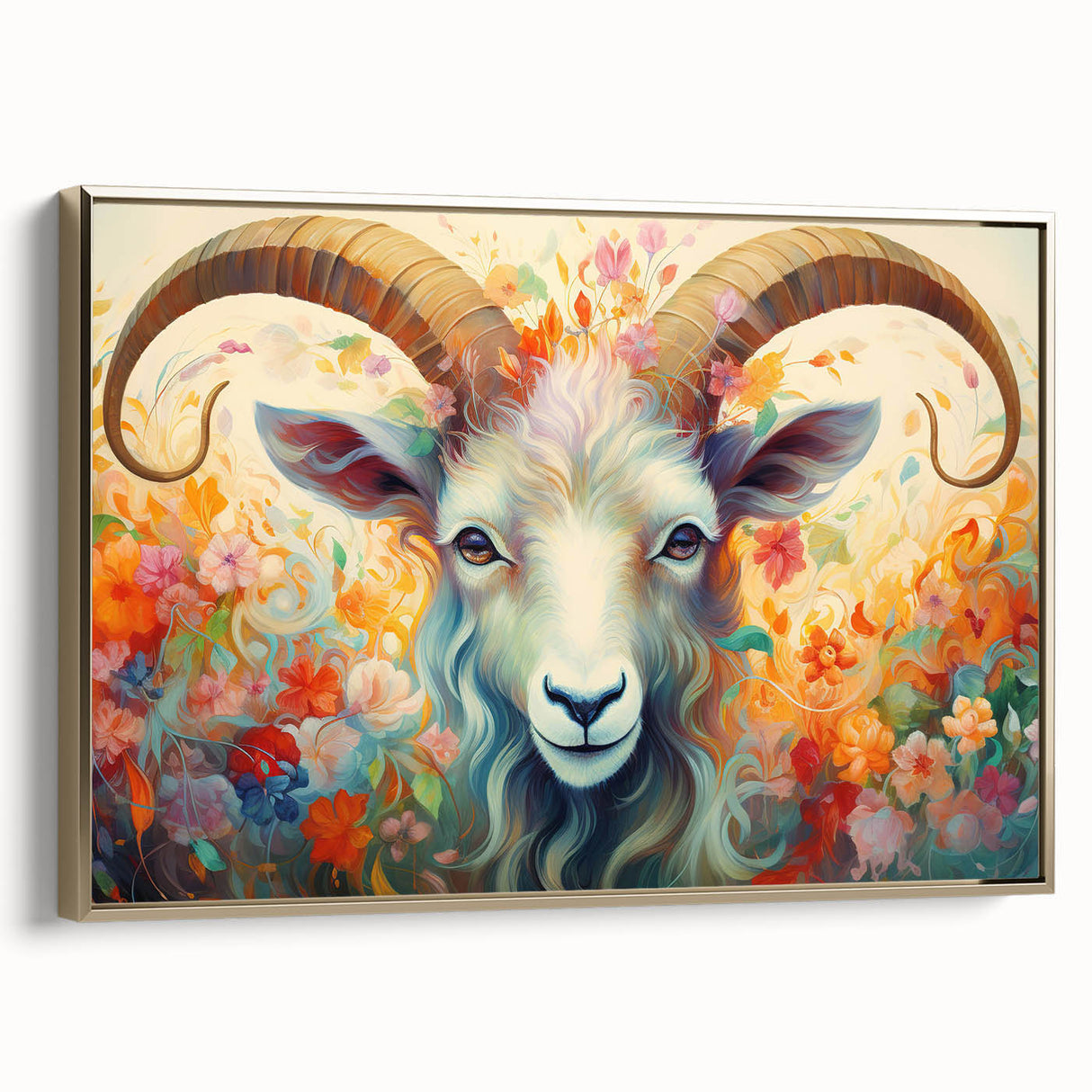 Framed wall art featuring a striking gold-accented goat design on canvas, showcasing intricate details and vibrant colors, perfect for enhancing any wildlife-themed decor.