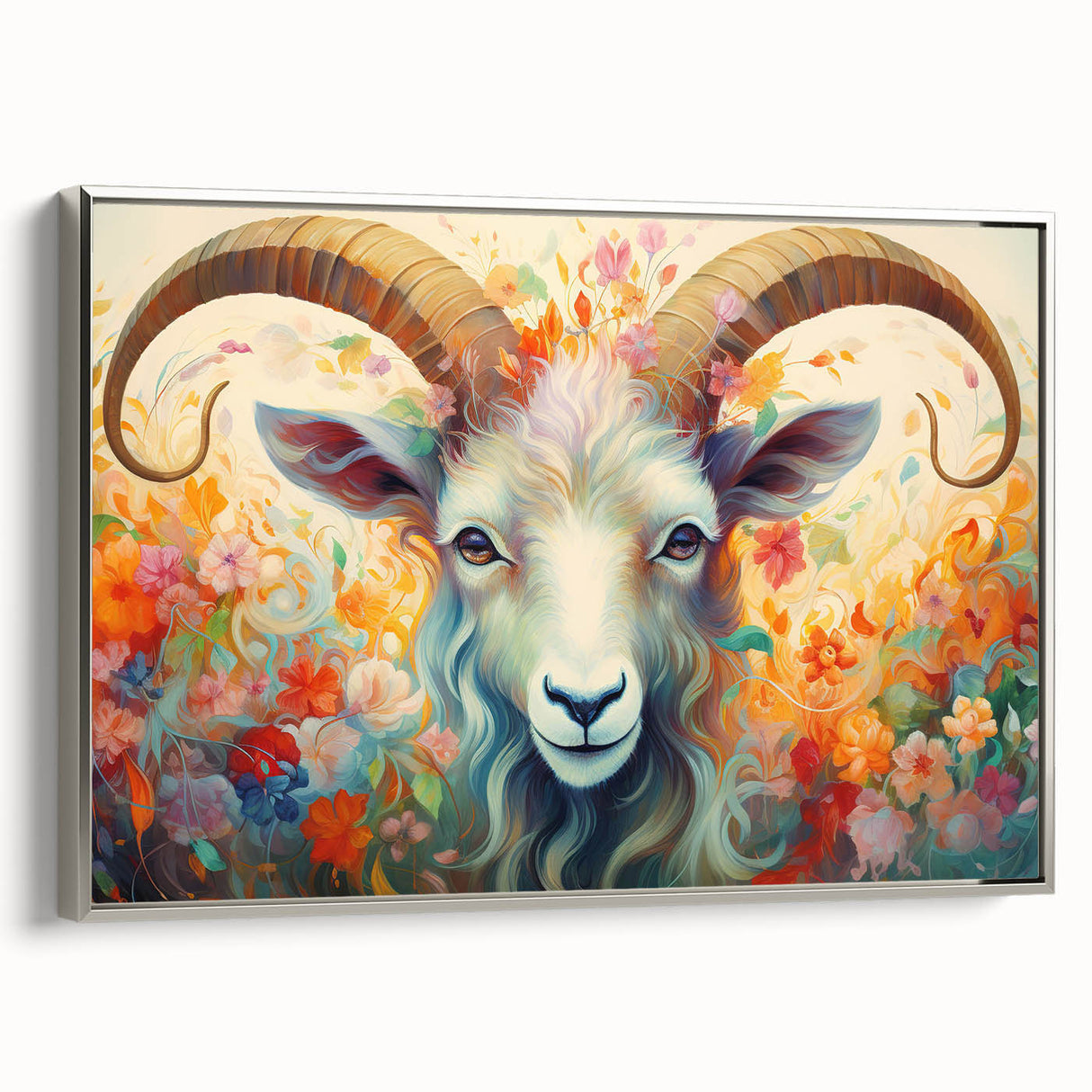 Framed canvas wall art showcasing a silver side view of a goat design, part of a 24-piece wildlife collection, ideal for animal lovers and modern decor.