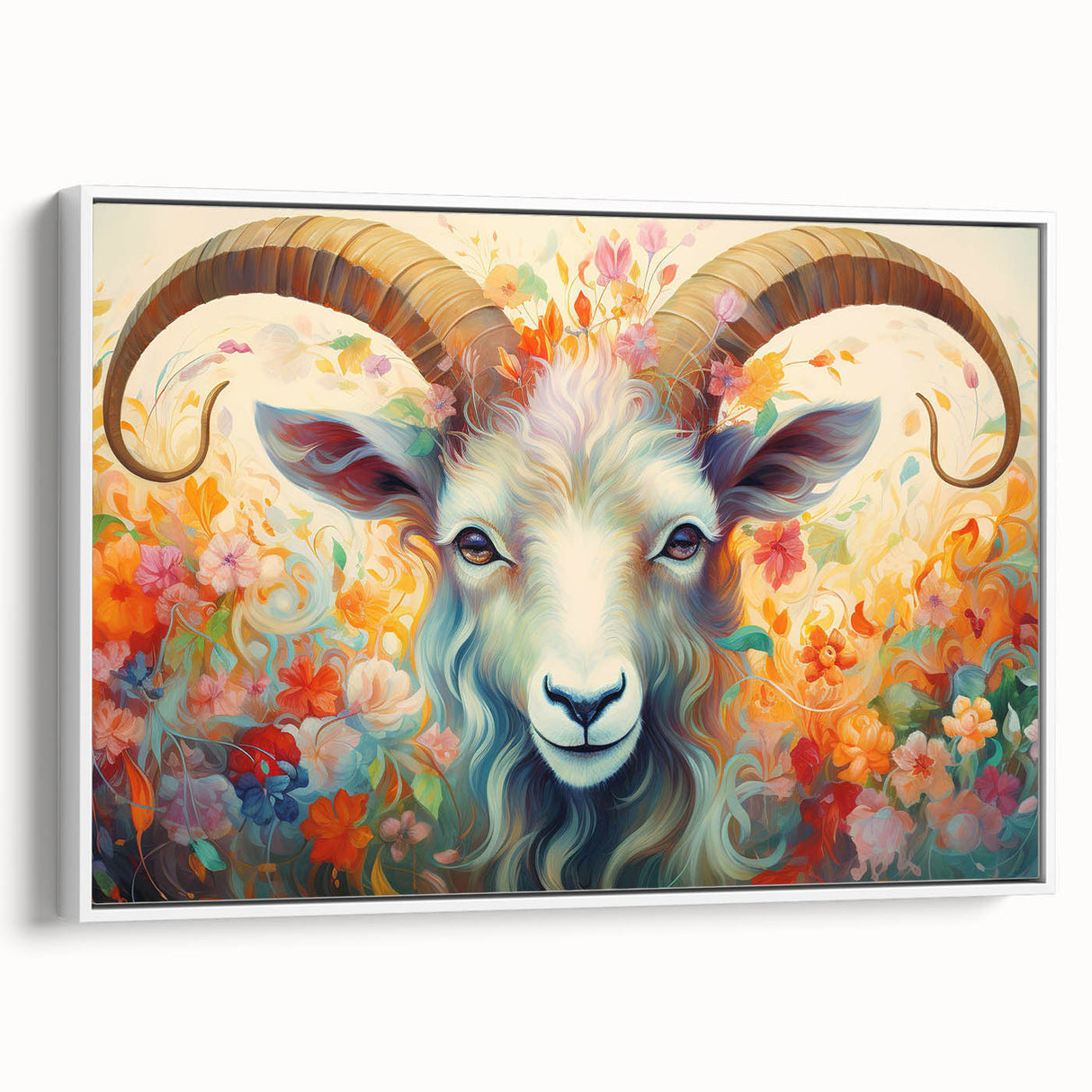 Framed wall art featuring a side view of a goat design in a natural setting, highlighting intricate details and textures in a stylish white frame, perfect for animal lovers.