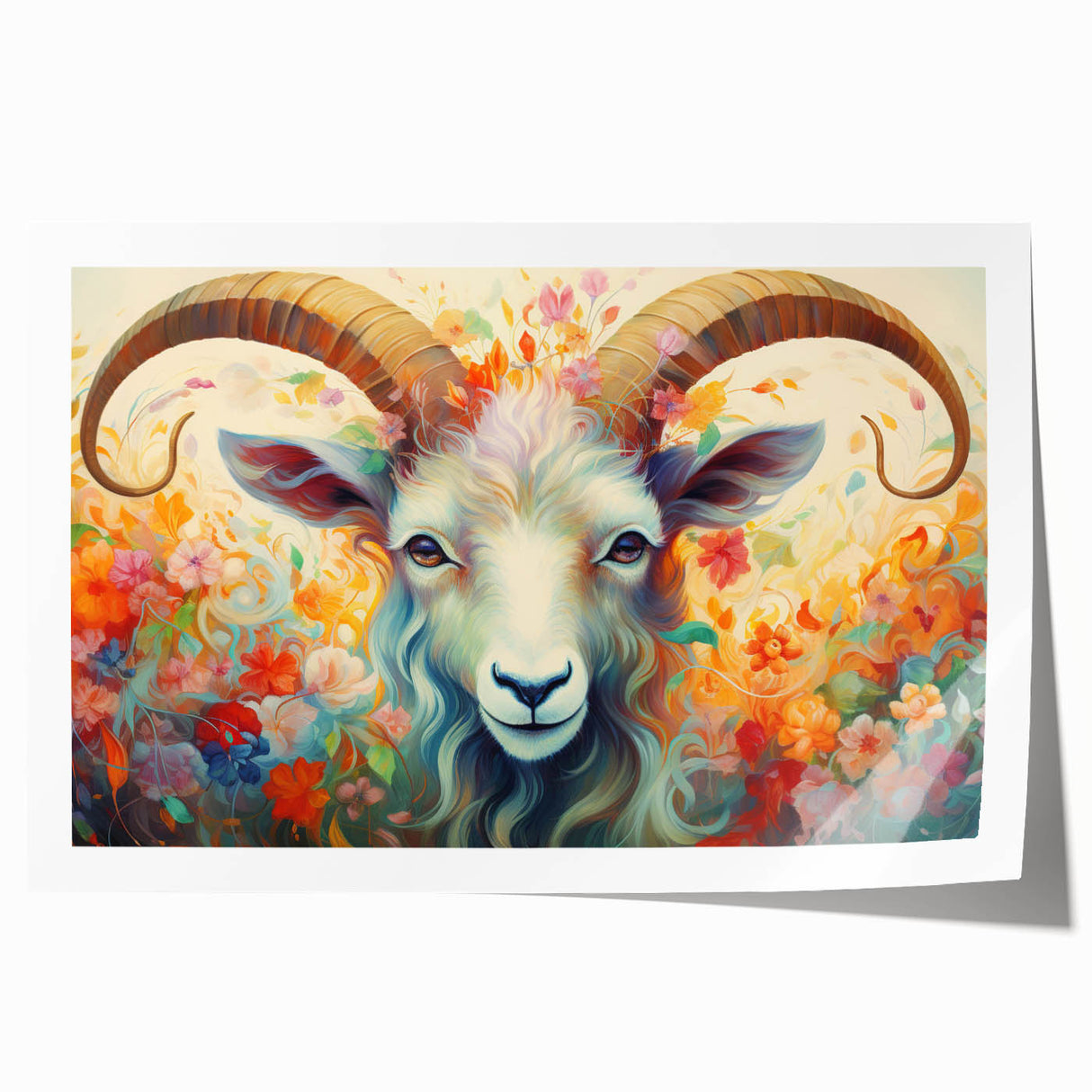 Rolled print of a vibrant goat-themed wall art design, showcasing colorful patterns and textures, ideal for animal lovers and home decor enthusiasts.