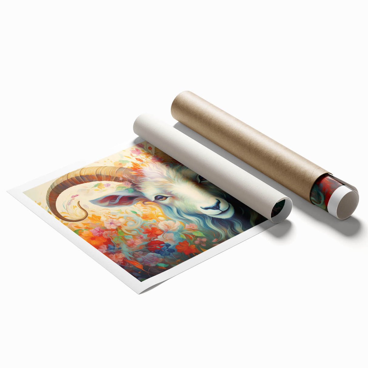 Rolled wall art print featuring a whimsical goat design, showcasing vibrant colors and playful details, perfect for animal lovers and home decoration.