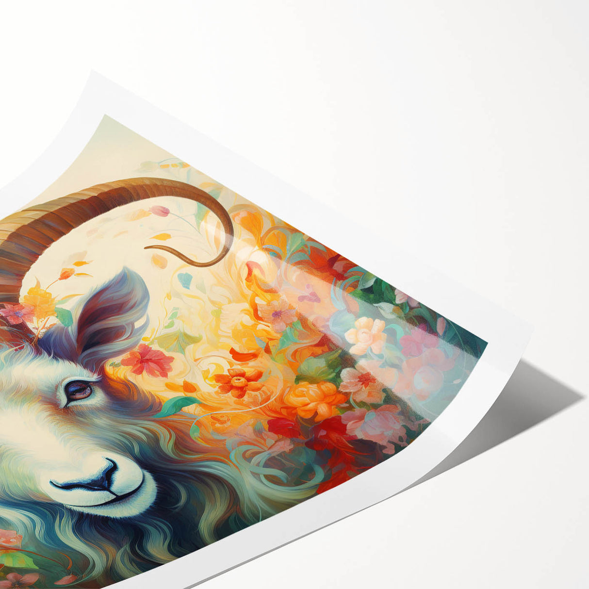 Colorful rolled wall art print featuring a vibrant goat design from the "Animals A Wild Life" collection, showcasing intricate details and textures, ideal for home decor.