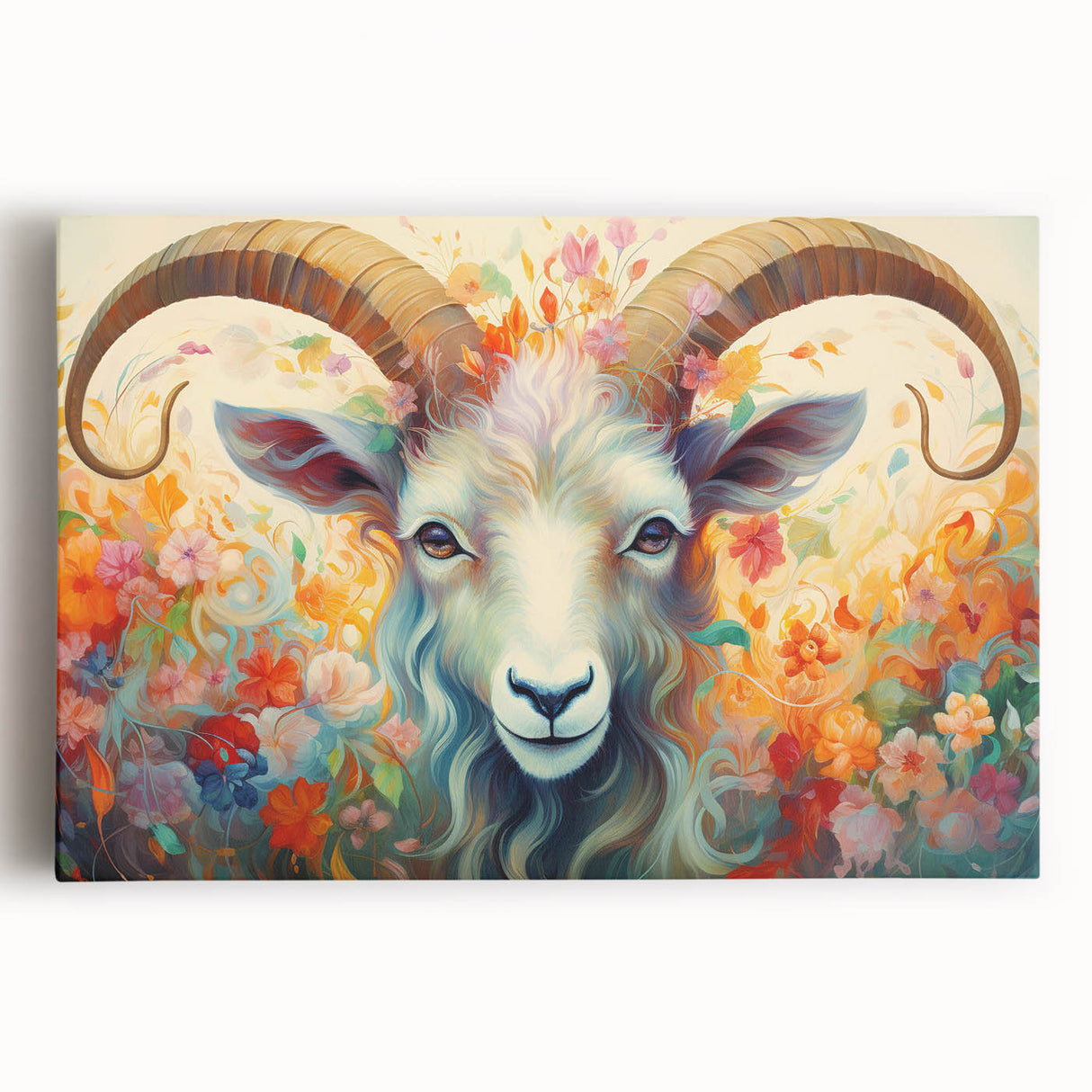 Colorful stretched canvas wall art showcasing a goat design in a wild life theme, perfect for animal lovers and home decor, enhancing any living space.