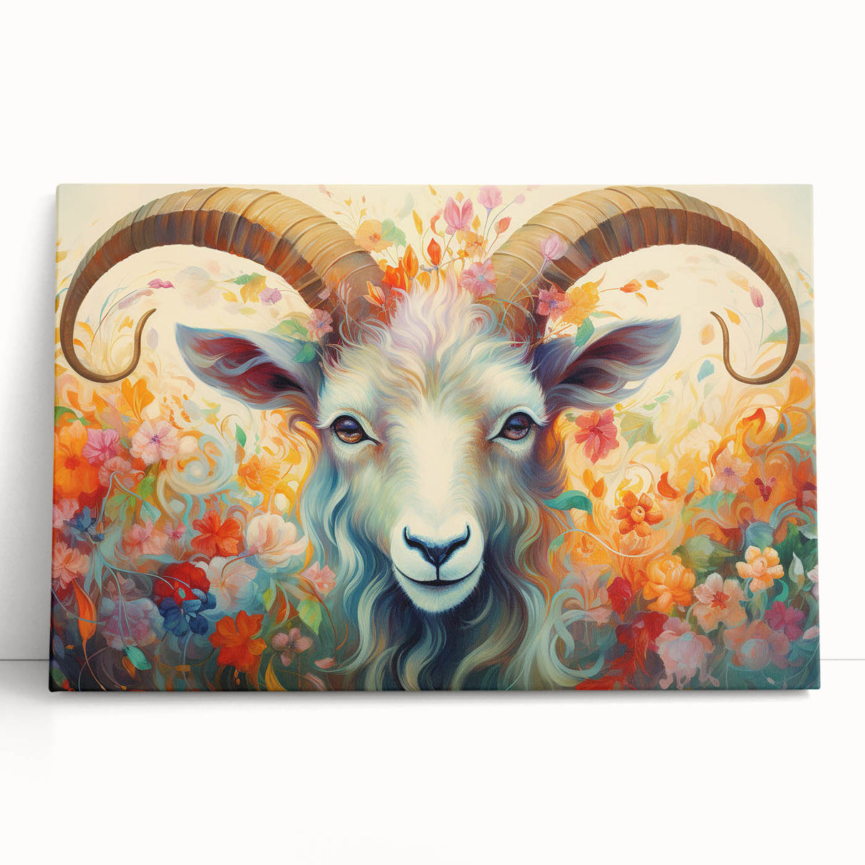 Stretched canvas wall art featuring a colorful goat design from the "Animals of the Wild" collection, showcasing vibrant colors and intricate details, perfect for animal lovers and home decor.