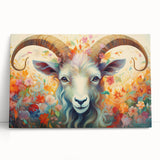 Stretched canvas wall art featuring a colorful goat design from the "Animals of the Wild" collection, showcasing vibrant colors and intricate details, perfect for animal lovers and home decor.