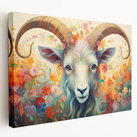Stretched canvas wall art featuring a side view of a whimsical goat design, showcasing vibrant colors and intricate details, perfect for animal lovers and home decor.