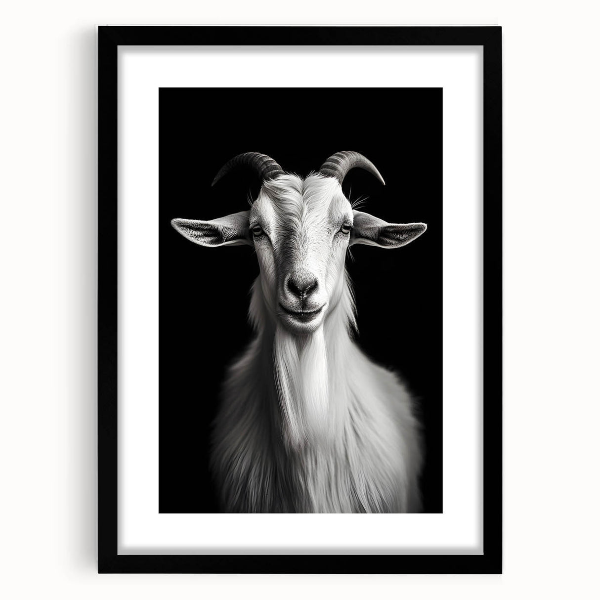 Framed wall art featuring a whimsical goat design from the "Animals A Wild Life" collection, set against a black mat and sleek frame, ideal for animal lovers and home decor enthusiasts.