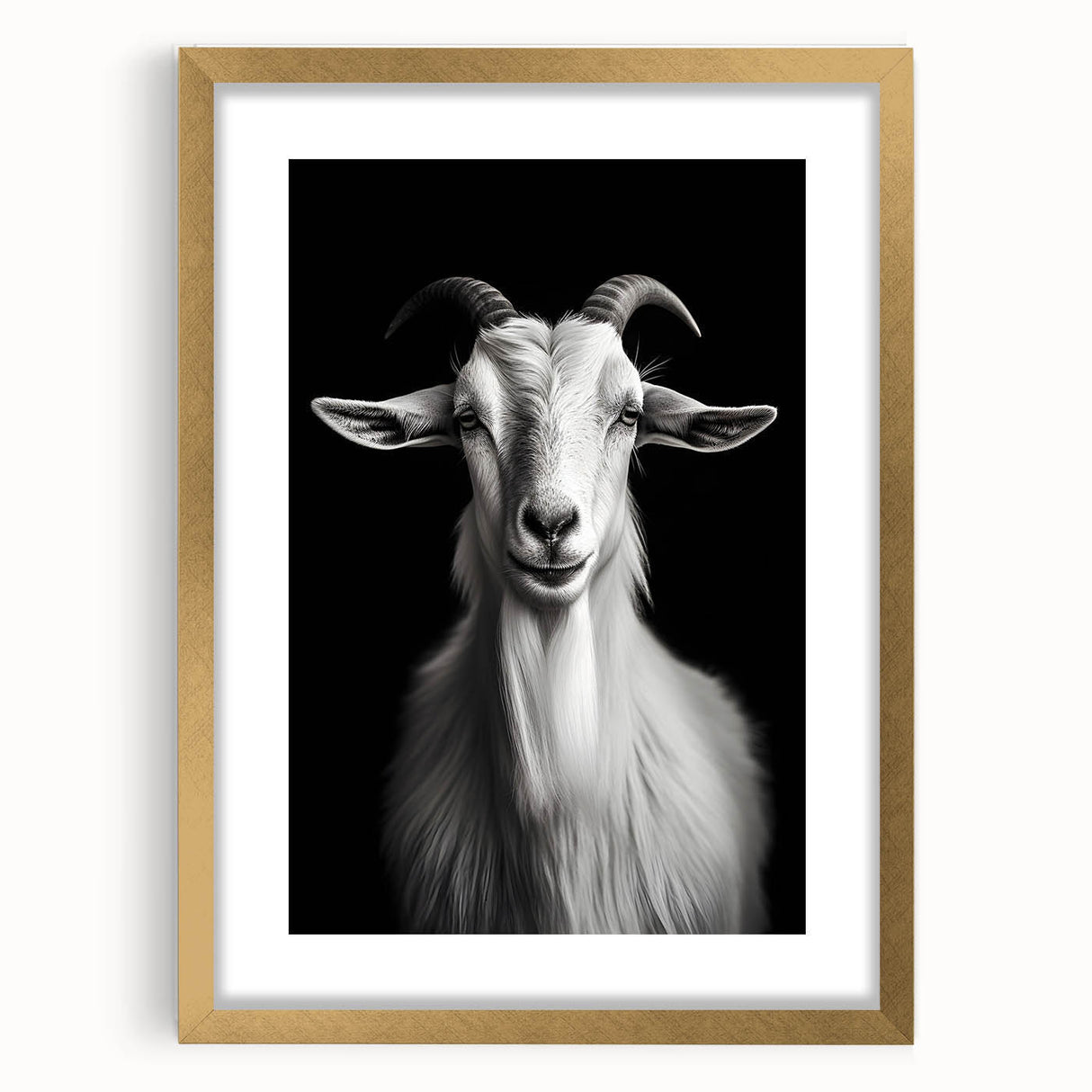 Framed wall art showcasing a goat design from the "Animals: A Wild Life" collection, featuring a gold mat and elegant framing, perfect for animal lovers and home decor enthusiasts.