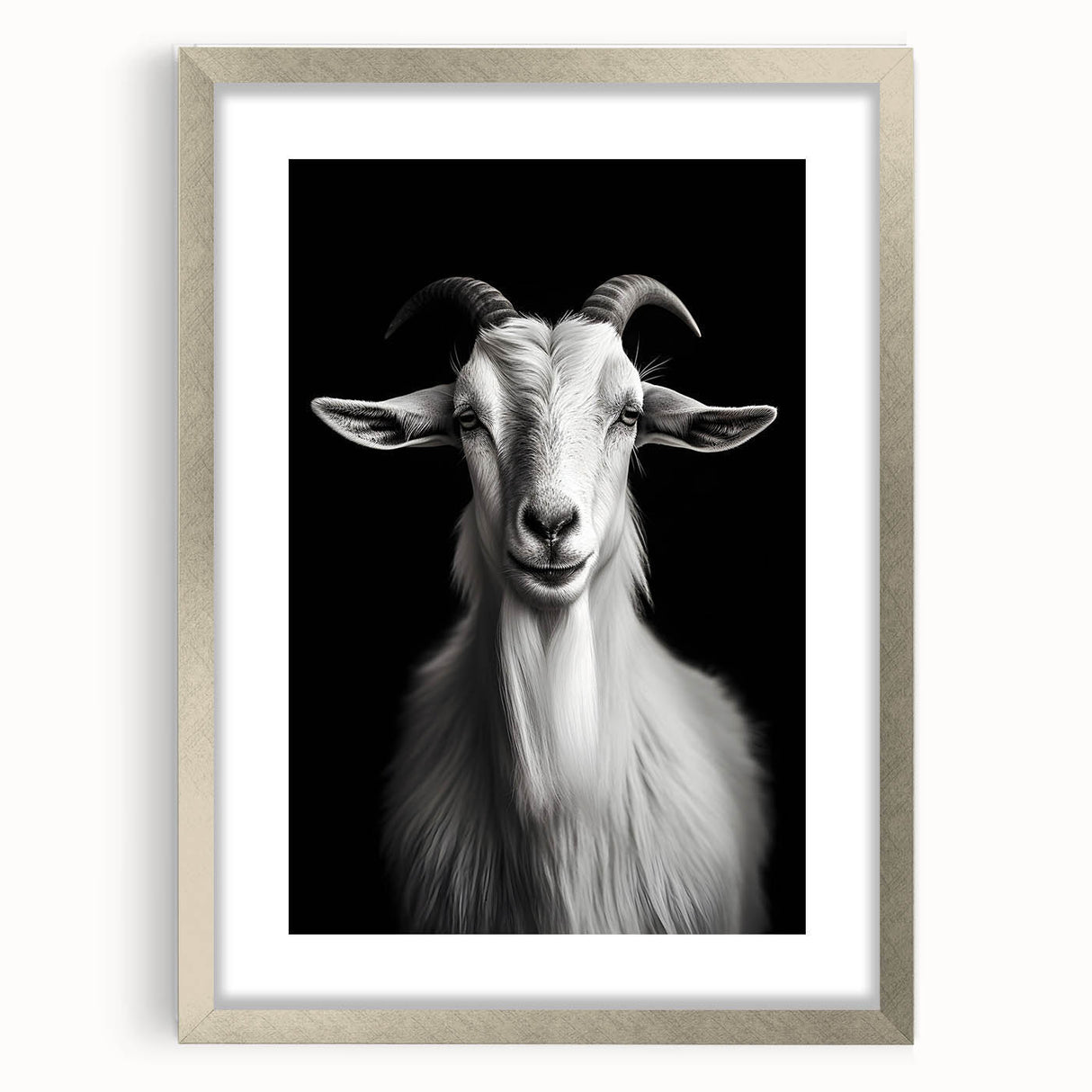 Silver-framed wall art featuring a stylized goat design from the "Animals: A Wild Life" collection, showcasing vibrant colors and intricate detailing, perfect for enhancing home decor.