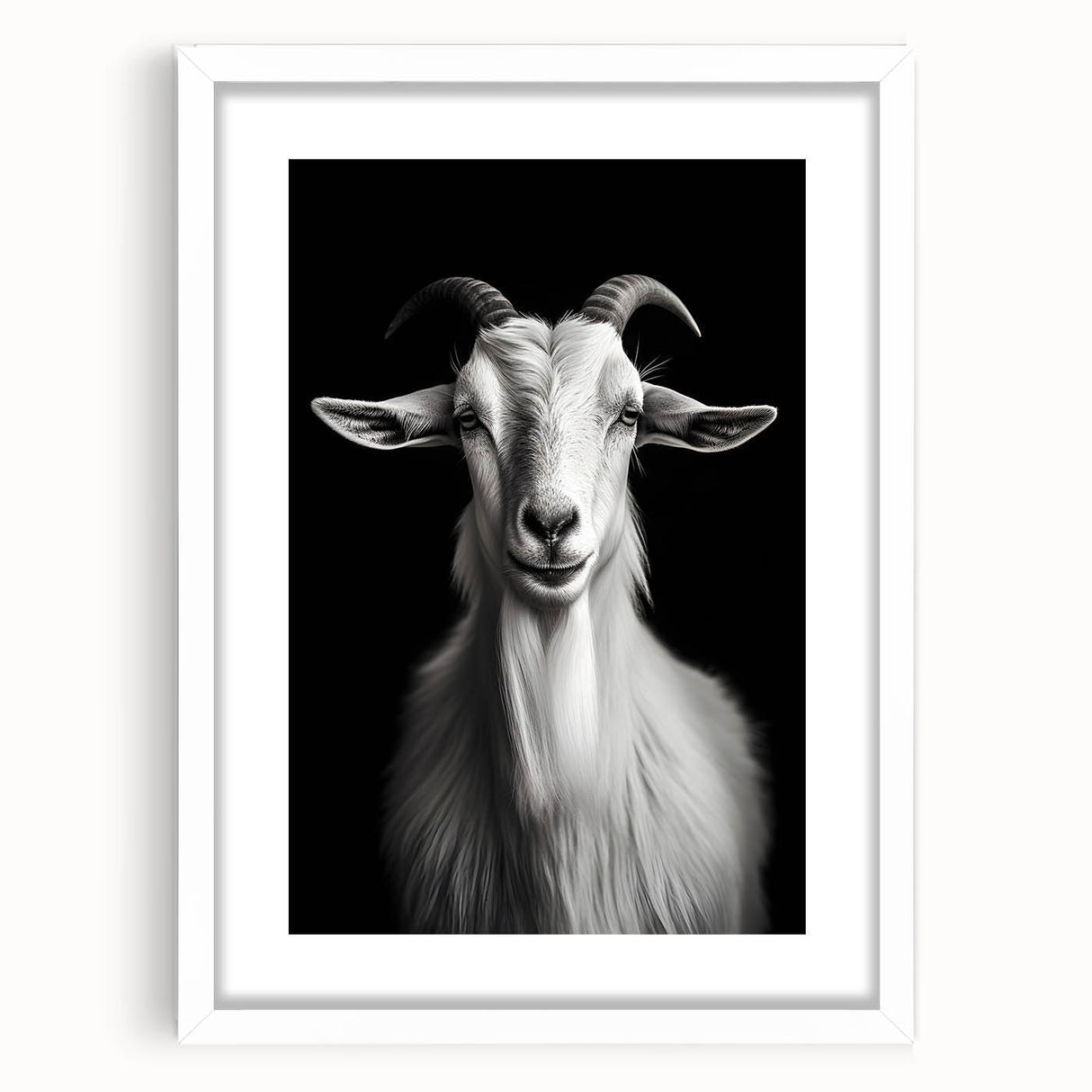 Framed wall art featuring a whimsical goat design in a white mat, showcasing intricate details and vibrant colors, perfect for animal lovers and modern decor.
