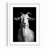 Framed wall art featuring a whimsical goat design in a white mat, showcasing intricate details and vibrant colors, perfect for animal lovers and modern decor.