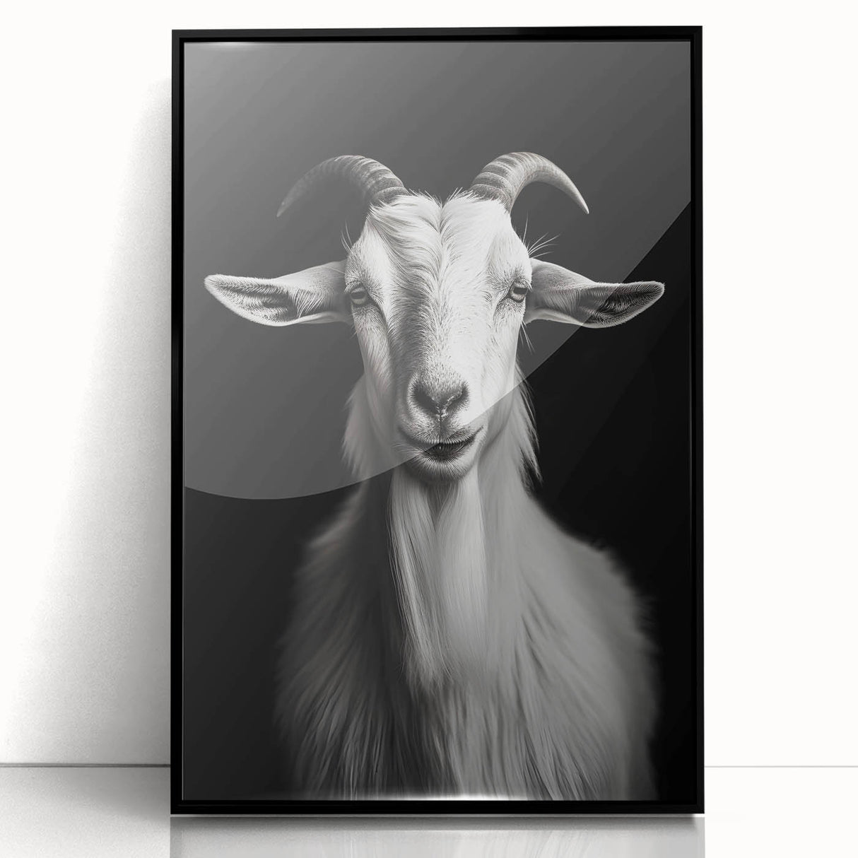 Framed acrylic wall art featuring a striking goat design from the "Animals - A Wild Life" collection, set in a sleek black frame, ideal for modern decor.
