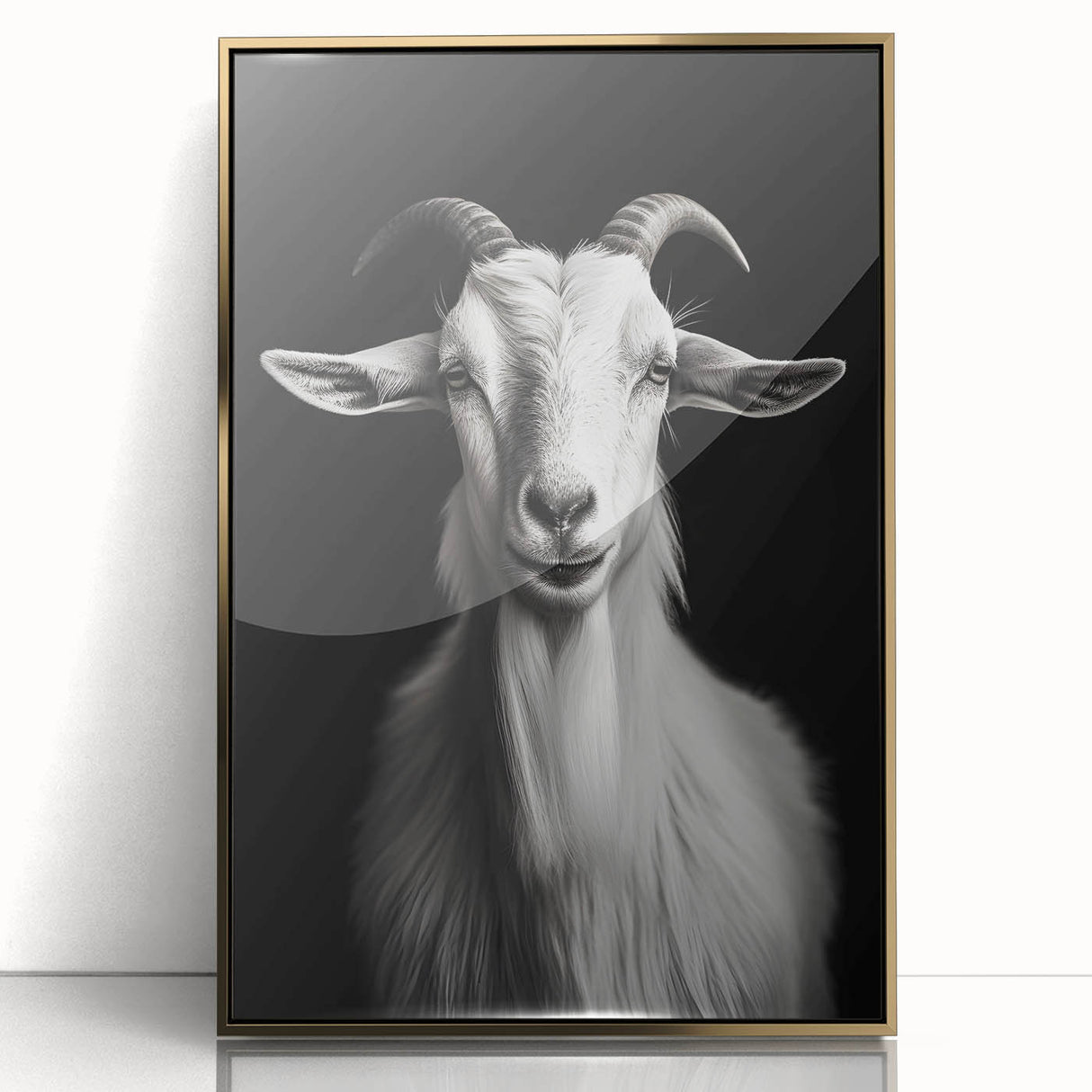 Framed acrylic wall art featuring a striking goat design in gold, showcasing vibrant colors and intricate details, ideal for enhancing modern home decor.