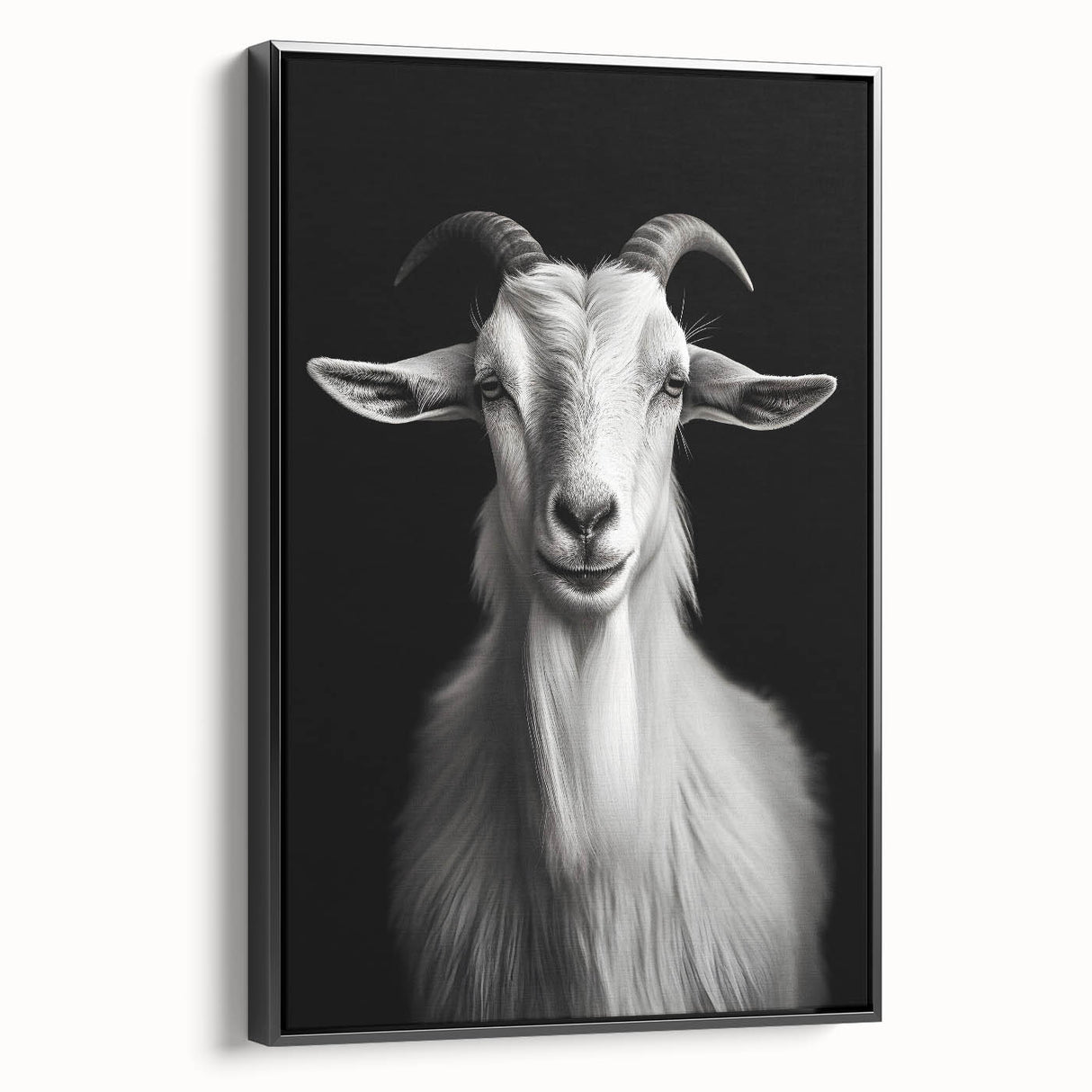 Framed canvas wall art featuring a stylized goat design against a black background, showcasing intricate details and vibrant colors, ideal for modern décor.