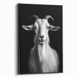 Framed canvas wall art featuring a stylized goat design against a black background, showcasing intricate details and vibrant colors, ideal for modern décor.