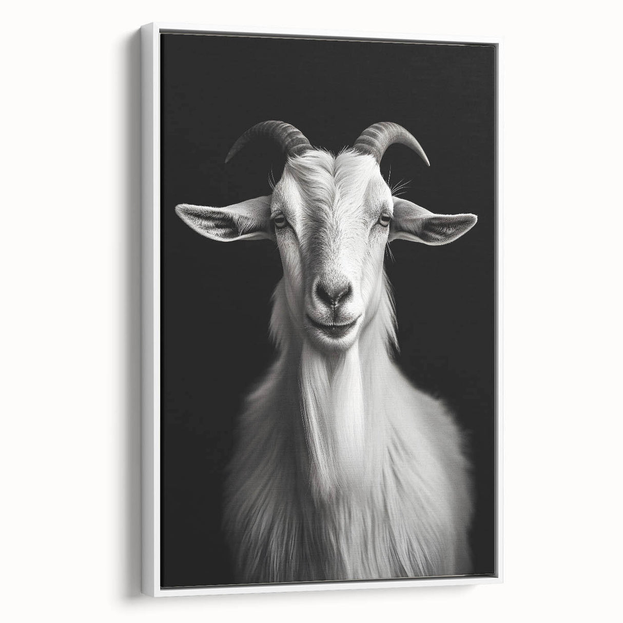Framed wall art featuring a side view of a goat design in a contemporary style, ideal for animal lovers and home decor enthusiasts, showcasing a white background and vibrant colors.