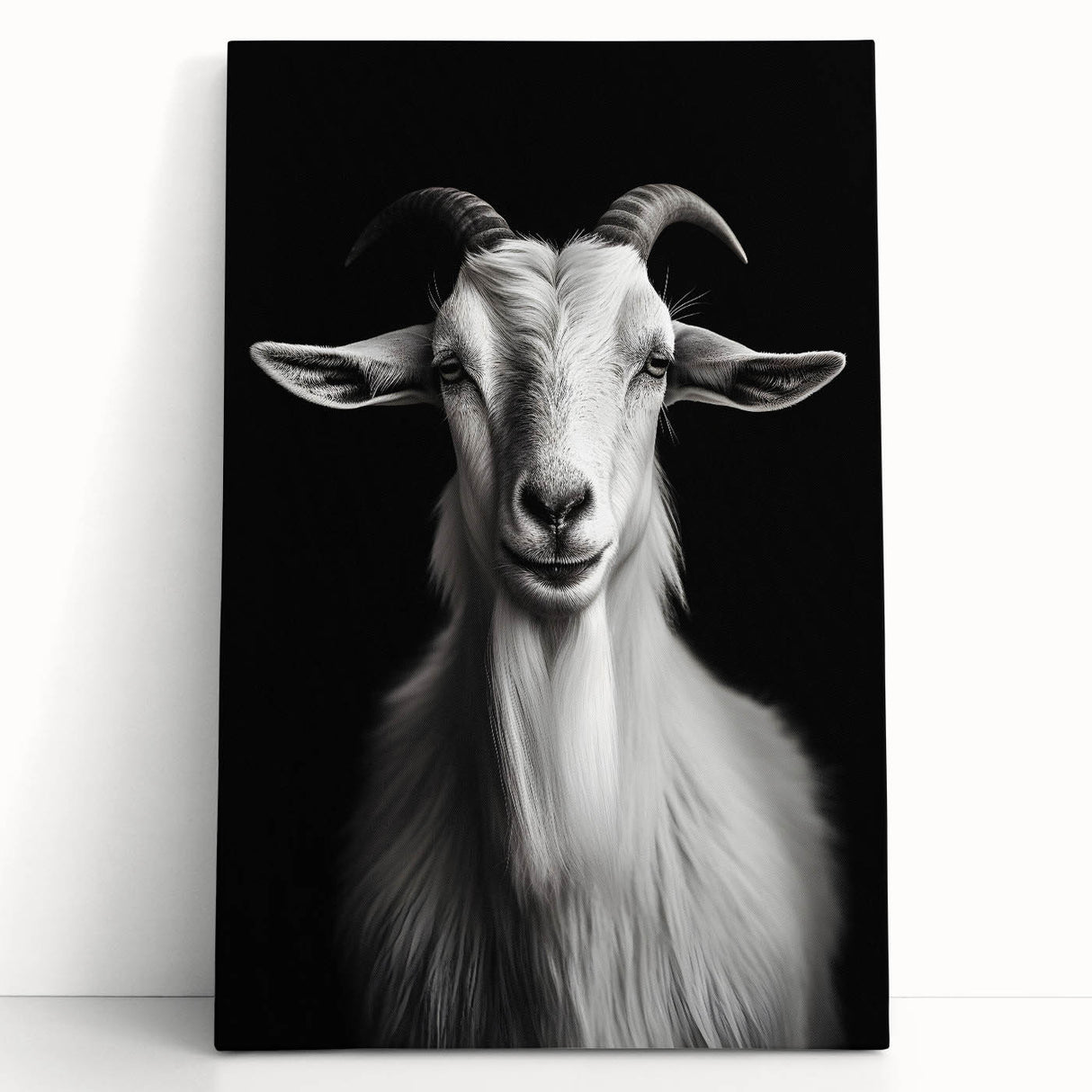Stretched canvas wall art featuring a striking goat design in a natural setting, showcasing earthy tones and intricate details, perfect for animal lovers and home decor enthusiasts.