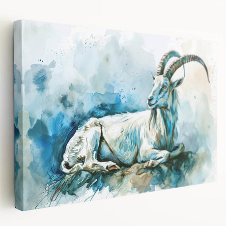 Stretched canvas wall art showcasing a vibrant goat design in a wild landscape, highlighting bold colors and intricate details, perfect for animal lovers and home decor.